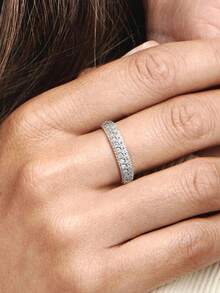 1pc 925 Sterling Silver Double Row Full Diamond Ring, Women's Daily Wear And Party Accessory, High-Quality Jewelry Gift - Silver - View 3