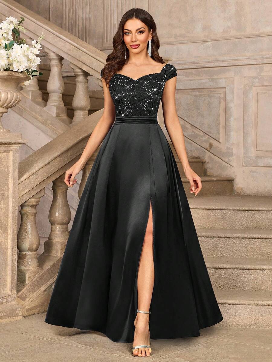 MIUSOL Sequin Floral Lace Sweetheart Neck Cap Sleeve Contrast Satin Formal Party Maxi Dress, Elegant Party Dress For Women, Formal Evening Gown, Prom Dress, For Easter, Mother Day, Wedding Guest, Graduation, Dinner - 黑色 - 查看 1