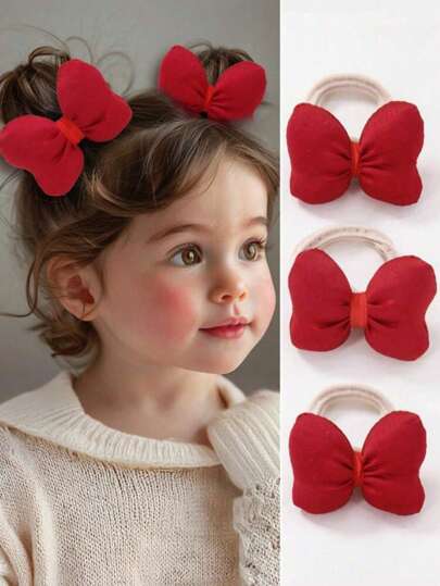 2pcs Kids Girls Solid Color Fabric Filled 3D Bow Scrunchie Elastic Hair Bands, Sweet Princess Daily Use