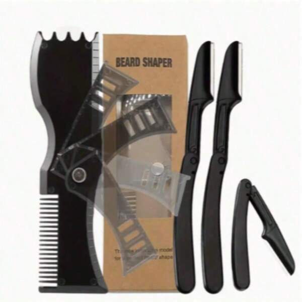 1pc Black/Transparent Men's Beard Shaping Kit, Rotary Template Multi-Angle Beard Styling Comb Tool Set, Black/Transparent Styling Comb With Mini Razor Trimmer Kit, Multi-Functional Beard Shaping Template And 3pcs Mini Folding Razor Set