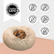 Original Calming Donut Dog And Cat Bed, Shag Faux Fur, Taupe, Small (23x23) - Helps Provide Anxiety Relief For Pets