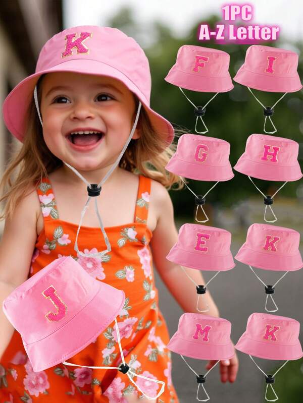 1pc Kids Adjustable Breathable Hat 26 Letter Personalized Pink Color Beach Sun Ion Hats Bucket Hats For Toddler Kids Baby Girls,Suitable For Holiday Outdoor Activities,Everyday Use, Birthday Gift