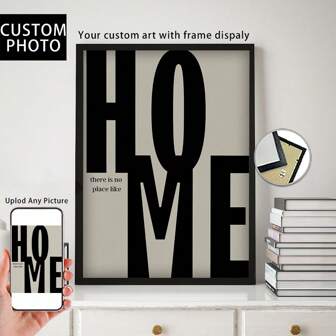 1 Pc, Custom Photo, Polished Plexiglass Wooden Frame,A Retro Poster With "Home" Written On It,Personalized Canvas Printed Poster Art, Perfect For Families, Couples, Pets' Memories, And A Perfect Gift For Anniversaries
