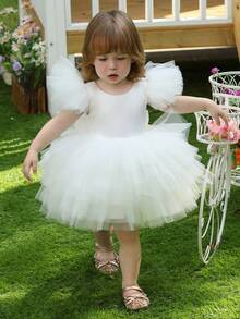 女婴白色蝴蝶袖欧根纱优雅公主裙，适合宝宝一周岁生日、婚礼、派对、节日庆典、特殊场合 - 白色 - 查看 7