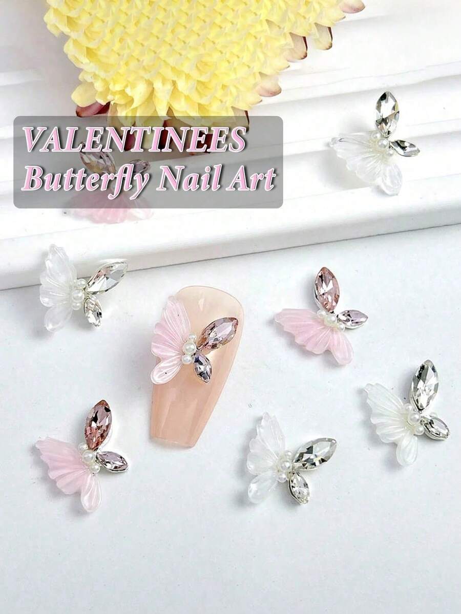 20 件磨砂冰晶蝴蝶指甲饰金属底座闪亮榄尖形水钻美甲装饰日韩风格粉色和白色水钻珍珠指甲宝石 DIY 适用于亚克力压模指甲手机壳鞋子衣服包包美甲用品 - 彩色 - 查看 1