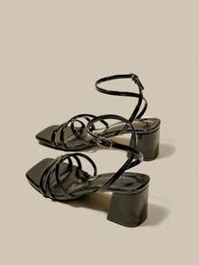 Women's Black High Heel Sandals With Criss-Cross Open Toe Lace-Up Chunky Heel Strap Gladiator Sandals,Summer - Black - View 1