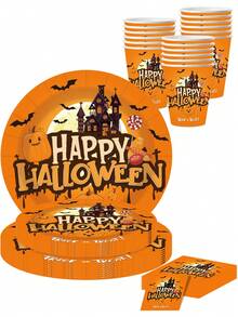 50pcs Halloween Theme Paper Plates, Cups And Napkins, Birthday Party Decorations, Happy Halloween, Pumpkin Bat, Castle Elements, 7 Inch Party Dessert Plates, 9 Inch Dinner Plates And 9oz Paper Cups, Napkins, Halloween Party Supplies - Multicolor - View 1