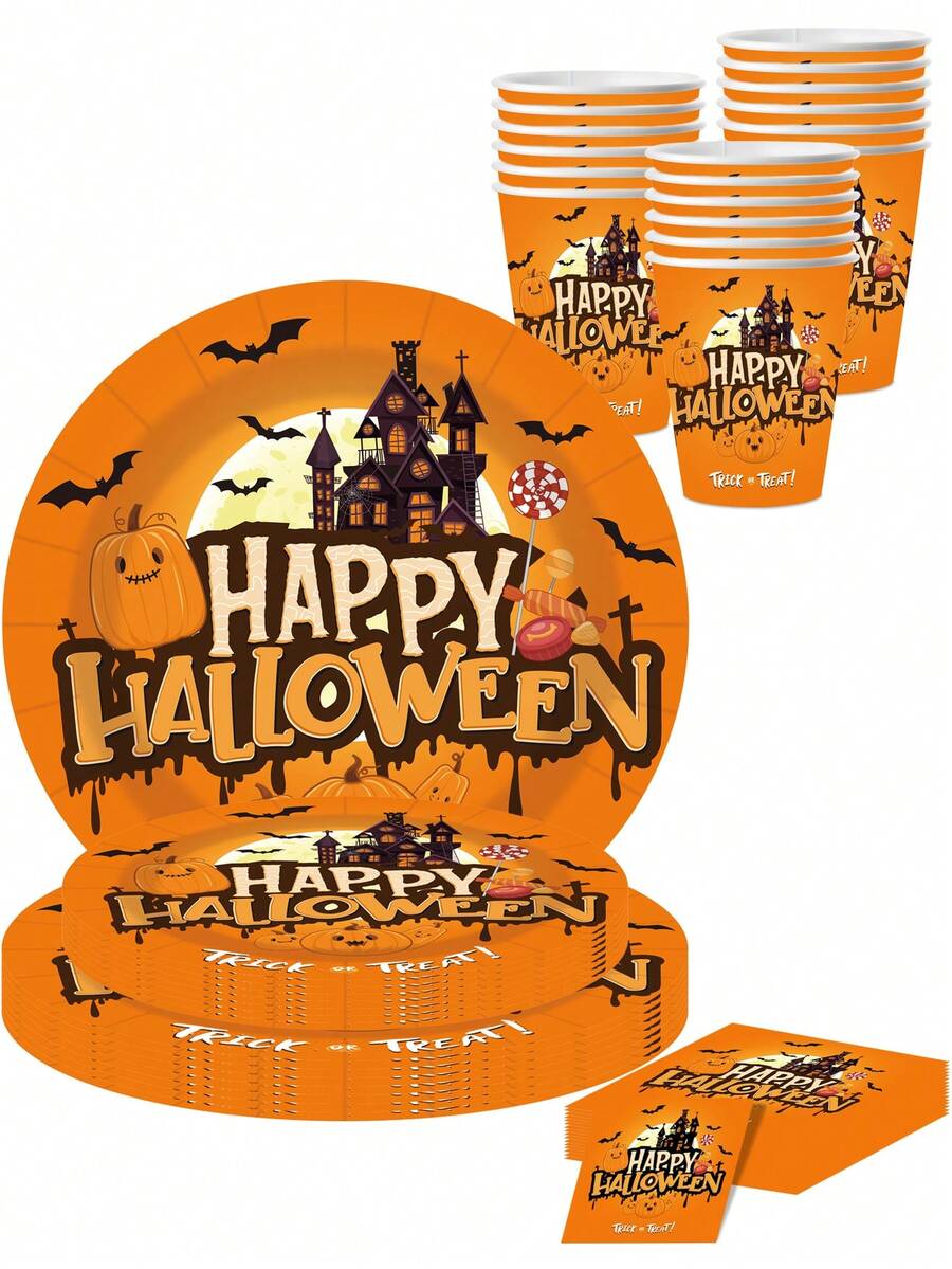 50pcs Halloween Theme Paper Plates, Cups And Napkins, Birthday Party Decorations, Happy Halloween, Pumpkin Bat, Castle Elements, 7 Inch Party Dessert Plates, 9 Inch Dinner Plates And 9oz Paper Cups, Napkins, Halloween Party Supplies - Multicolor - View 1