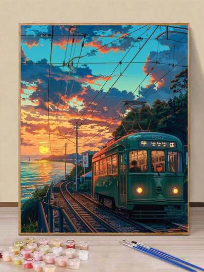 DIY Digital Oil Painting Acrylic Paint Set Kit For Adults, 40*50cm With Paints And Brushes, Great For Stress Relief, Number Painting, Handmade Numbered Painting, "Sunset Train" Design, Suitable For Room Decor, Wall Art, No Prior Painting Experience Needed, Ideal Gift For Friends (Frameless)