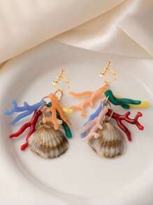 2pcs Beach Style Dopamine Effect Shell Earrings, Long Hanging Dangle Statement Earrings For Women