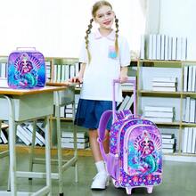 3 件套女童滚轮背包，儿童美人鱼背包带滚轮，带午餐盒的轮式书包，适合小学幼儿