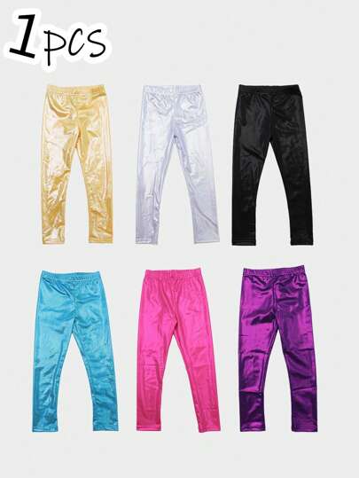 1pc Girls' Metallic Shiny Tight Dance Leggings, Thin Tights