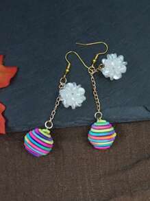 Handmade Long Tassel Rainbow Ball Floral Drop Earrings, Boho Vacation Style Vintage Elements, Suitable For Daily Life, Work, Stage, Street Photography, Women