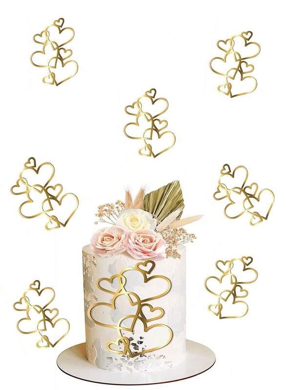 1/3/5pcs Acrylic Heart-Shaped Cake Decoration, Gold Heart-Shaped Cake Decoration, Wedding Cake Decoration, Anniversary Engagement And Birthday Party Supplies