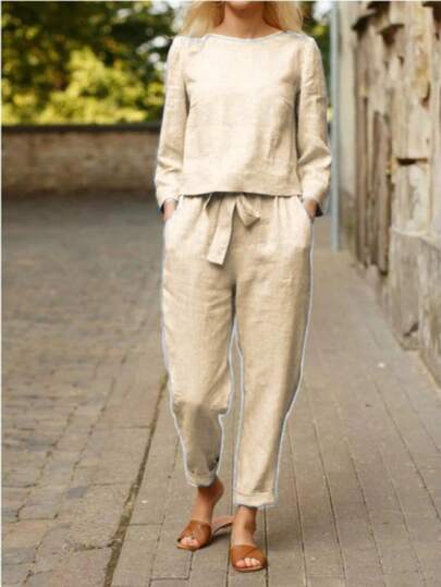 Conjunto casual de 2 piezas, unicolor, para mujer: blusa de manga corta y pantalón largo, para uso diario con estilo