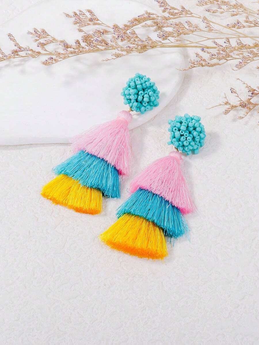 juran 1 par de pendientes con flecos y cristales de mujer, joyería de lujo estilo playa de vacaciones