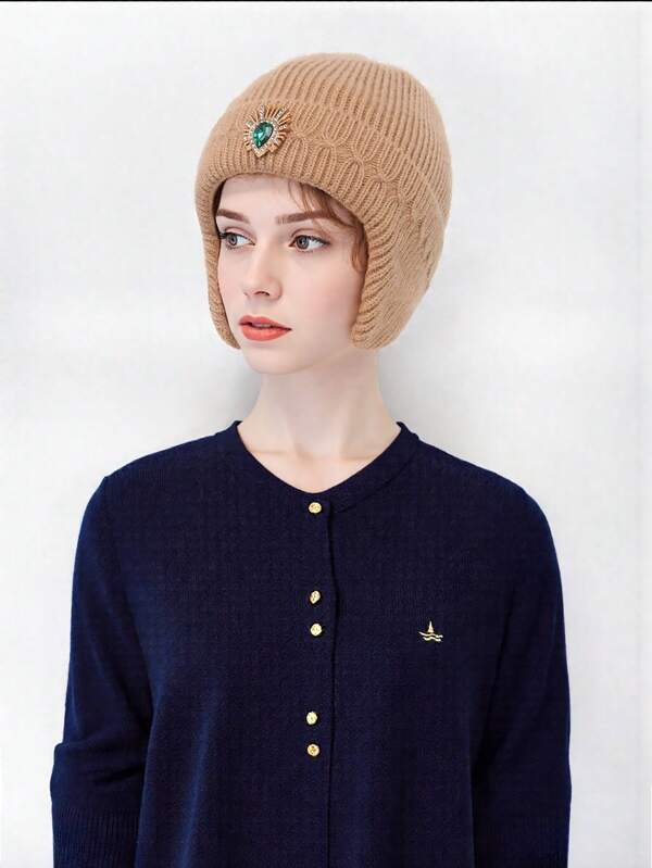 1pc Unisex Autumn/Winter Warm Knitted Hat With Ear Flaps, Phoenix Tail Wing Rhinestone Decor, Suitable For Cycling, Daily Wear