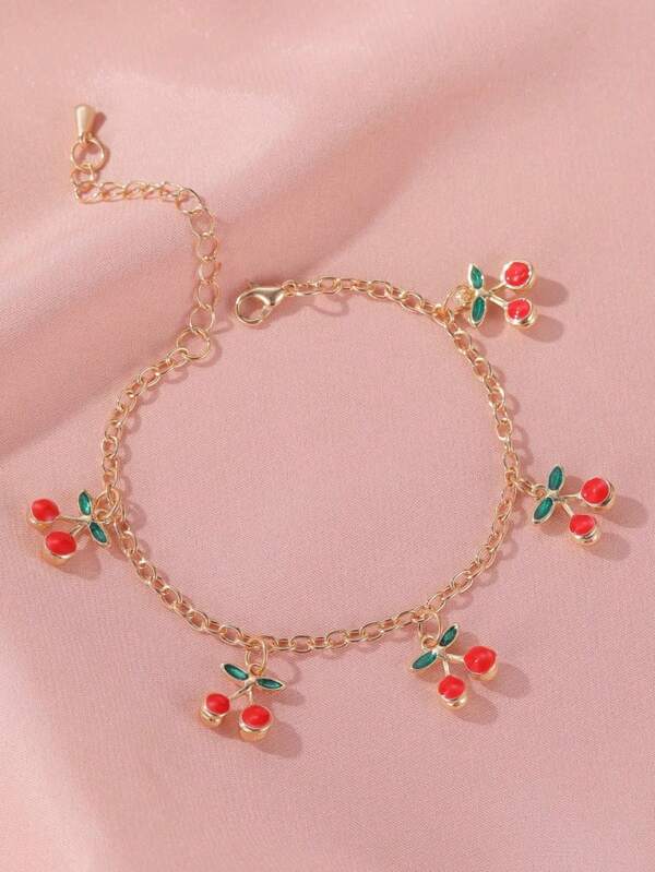 1pc Cute Little Cherry Decor Minimalist INS Style Chain Bracelet, Teens & Young Adults