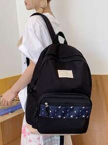 Contrast Color Patchwork Casual Zipper Closure Backpack, Suitable For Students, School, Outdoor Activities, Youth' - Black - View 5