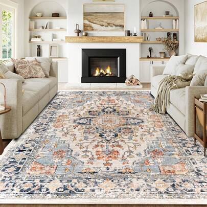 1pc Premium Vintage Bohemian Style Area Rug, 800g Fine Wool + TPR Washable Bottom, Retro Floral Striped Pattern, Soft Plush Rectangular Carpet, Suitable For Outdoor, Entrance, Living Room, Bedroom, Laundry Room, Bathroom, Game Room, All Season, Large Size Home Decor