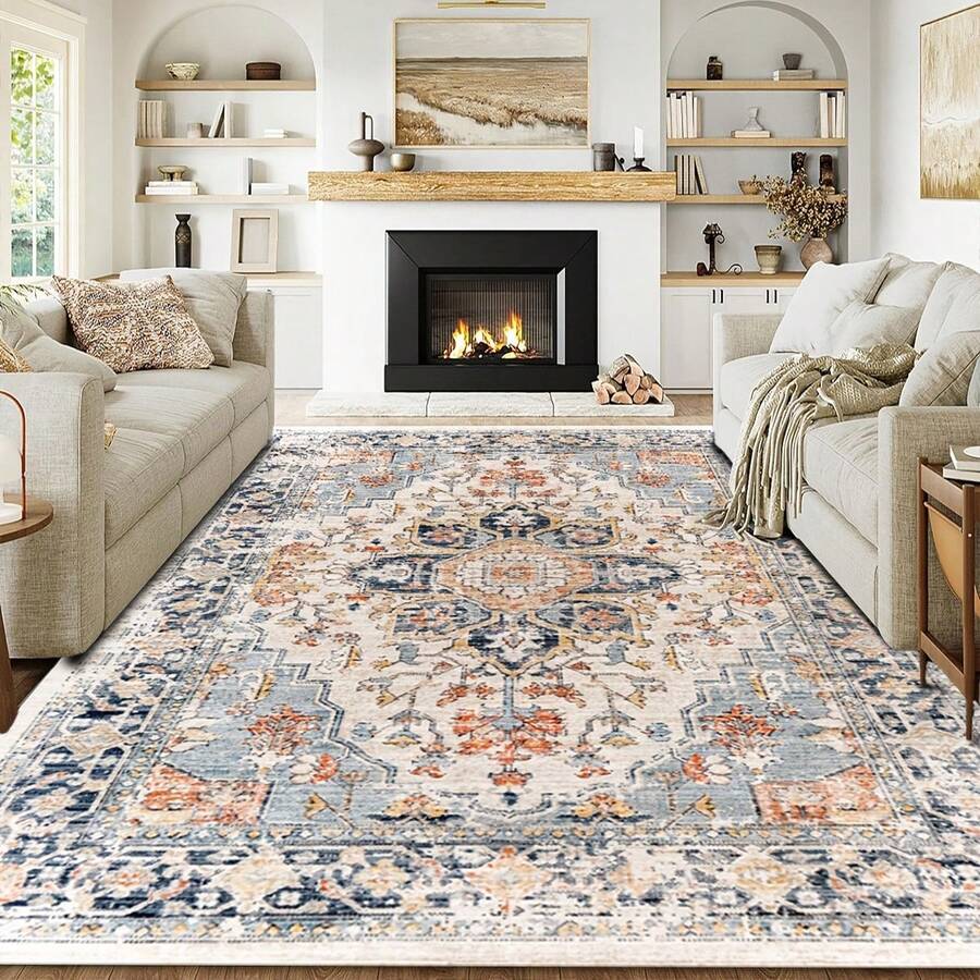 1pc Premium Vintage Bohemian Style Area Rug, 800g Fine Wool + TPR Washable Bottom, Retro Floral Striped Pattern, Soft Plush Rectangular Carpet, Suitable For Outdoor, Entrance, Living Room, Bedroom, Laundry Room, Bathroom, Game Room, All Season, Large Size Home Decor - Multicolor - View 1