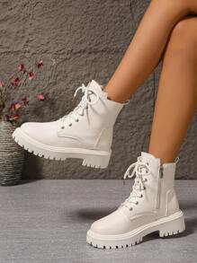 2025新款秋冬女靴，时尚百搭休闲靴，侧拉链女短靴，系带女鞋，保暖冬季女靴，平底舒适女靴 - 米色 - 查看 5