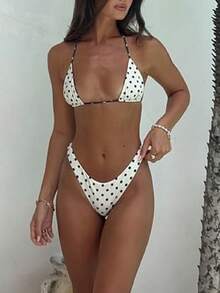 Women Halter String Bikini Set Floral Print Triangle Cheeky High Cut Thong 2 Piece Bathing Suit Swimwear - Đen và trắng - Xem 7