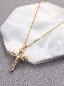 1pc 14K Gold Plated Zirconia Cross Pendant Necklace For Women, Simple & Fashionable, Suitable For Everyday Wear