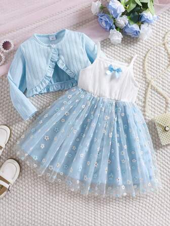 Young Girl Warm & Comfy Knitted Cardigan With Floral Print Mesh Puff Skirt & Cami Dress, For Spring, Summer, Autumn