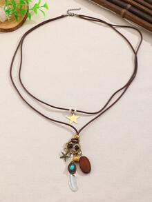 1pc New Chinese Style Zen Retro Star Feather Bowknot Multi-Pendant Long Necklace For Women, Fashionable National Style Elegant Delicate Accessory Suitable For Daily, Vacation, Holiday Wear - Ancient Bronze - View 14