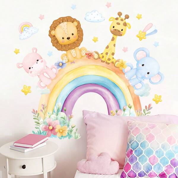1pc Rainbow Animal Wall Stickers, Hippopotamus, Lion, Giraffe Elephant Wall Decals Peel And Stick Clouds Stars Art Decor For Nursery Bedroom Playroom Daycare Classroom