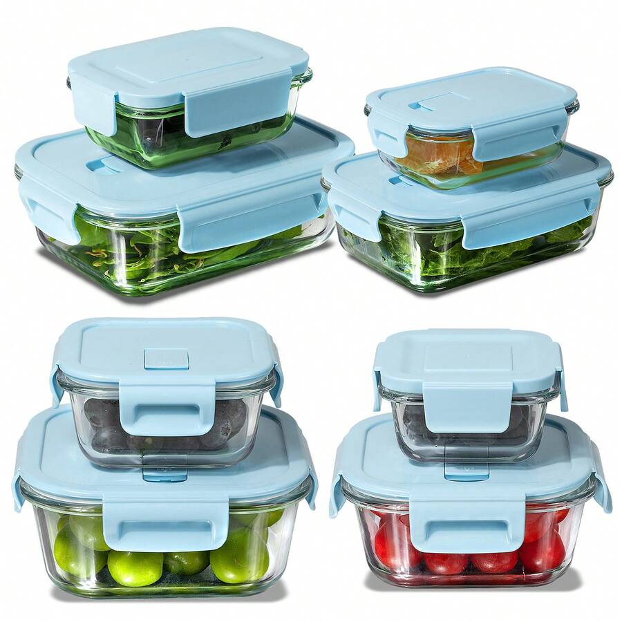 LugoBox 8pcs Glass Food Storage Containers With Anti-Slip Stripes, Meal Prep, Airtight Bento Boxes With Leak Proof Locking Lids, For Microwave, Salad Bowl, Bowl Set, Serving Bowls, Lunch Boxes, Oven, Freezer And Dishwasher, Kitchen Supplies - 藍色 - 查看 1