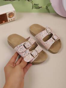 1 par de zapatillas antideslizantes para interiores/exteriores con hebillas de doble hebilla brillante con rhinestones para niños y niñas - Rosa - Ver 4