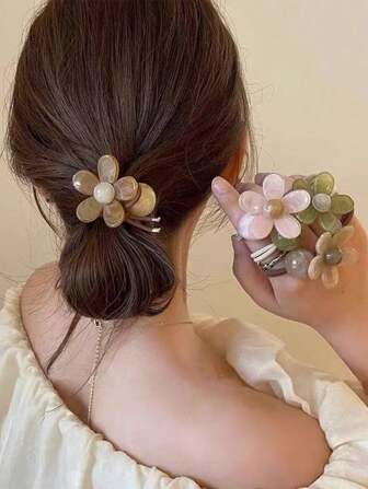 4pcs Multi-Color Simple Acrylic Elastic Flower Hair Ties, Suitable For Daily Wear, Showering, Makeup And Outfit Matching, Hair Tie, Hair Flowers ,Hair Accessories, Ponytail Holders, Hair Elastics, Hair Rubber Bands, Hair Bobbles ,Gym Sport Outfit ,Hair Rope