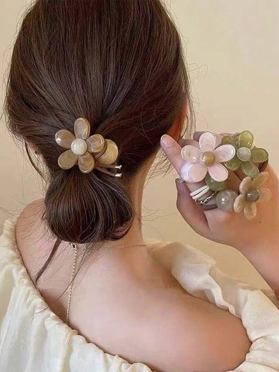 4条装多色简约亚克力弹力花朵发圈，适合日常佩戴、沐浴、化妆和搭配服装，可作发圈、发花、发饰、马尾辫发圈、发绳、橡皮筋、发圈、运动服发饰等。 - 彩色 - 查看 1