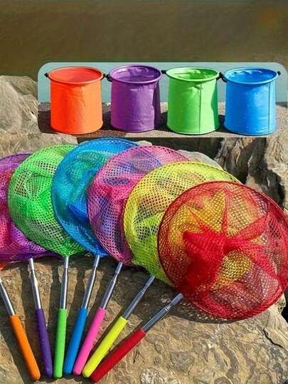 2pcs Summer Beach Catch Set - Portable Folding Fishing Bucket With Stainless Steel Telescopic Net Bag, Butterfly Garden Insect Catching Net, Colorful Mini Scoop Net For Pool Cleaning Tool, Suitable For Outdoor, Pool, Beach, Travel, Camping, Picnic, Outdoor Nature Exploration, Garden Party