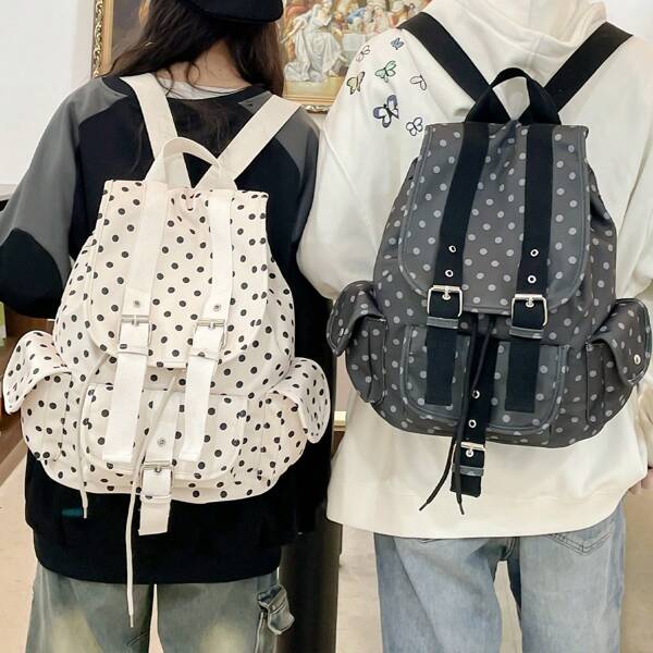 Mochila de Grande Capacidade Minimalista para Casais com Estampa de Bolinhas, Alça de Ombro Ajustável, Adequada para Estudantes, Viagem, Negócios, Lazer e Compras