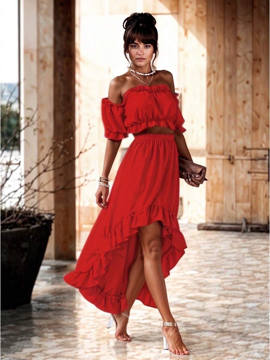 Conjunto Campesino de Crop Top con Hombros Descubiertos y Falda Asimetrica Holgada para Mujer - Rojo - Ver 1