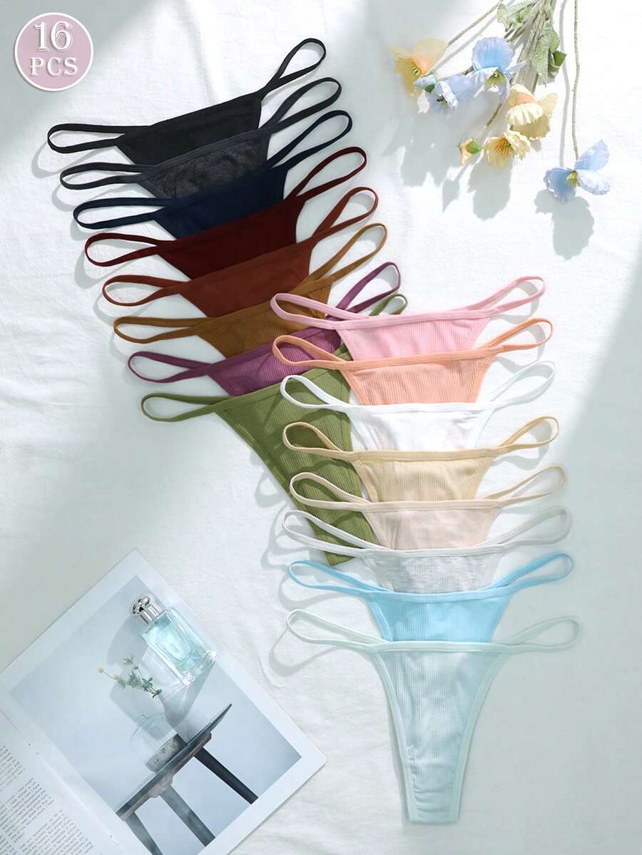 Set de 16 piezas Bragas tipo tangas de colores multicolor estriadas para mujeres