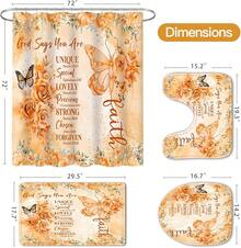 4 Pcs Yellow Inspirational Quotes Shower Curtain Set With Rugs And Toilet Lid Cover, Colorful Boho Waterproof Fabric Bathroom Set, Bible Verse Floral Bathroom Decor Set Accessories - 橘色 - 查看 10