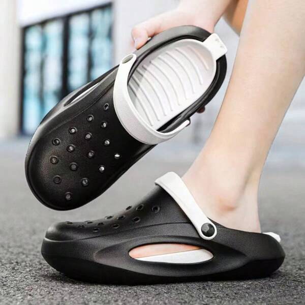 Mens Perforated Slip-On Sandals, Summer Outdoor Non-Slip Korean Style Slide Sandals With Toe Cover, Suitable For Beach, Seaside