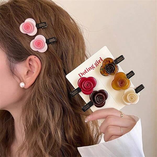 2 peças Presilhas para Cabelo com Flor de Acetato de Estilo Francês, Elegantes e Chiques para Mulheres