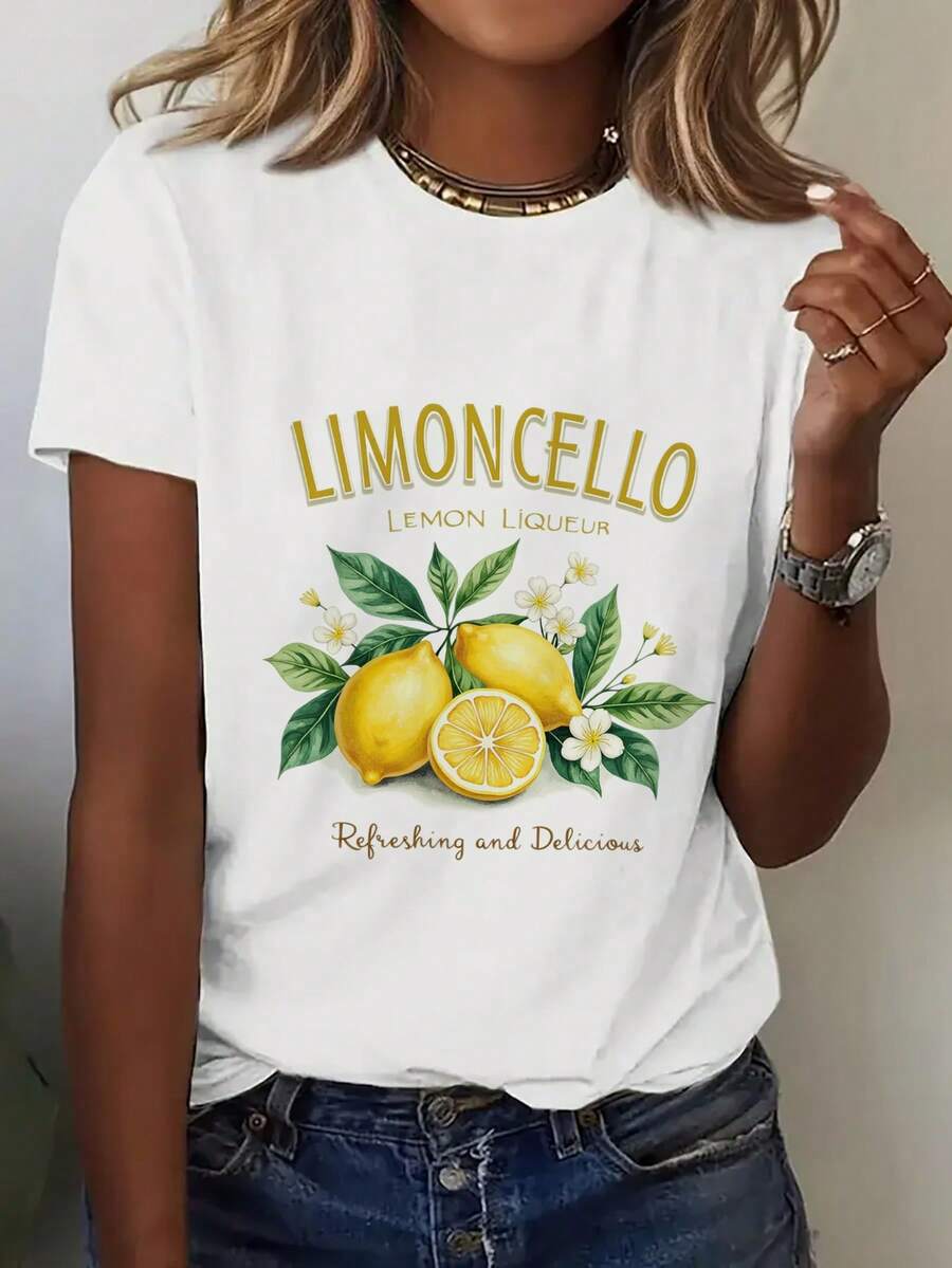 Limoncello Lemon Liqueur Refreshing And Delicious T-Shirt1 100% Cotton Crew Neck T-Shirt, Soft Breathable Basic Tee, Solid Color Casual Top_Soft Cotton Black White Floral Print Tee, Graphic Crew Neck T-Shirt, Boho Fashion-365T - White - View 1