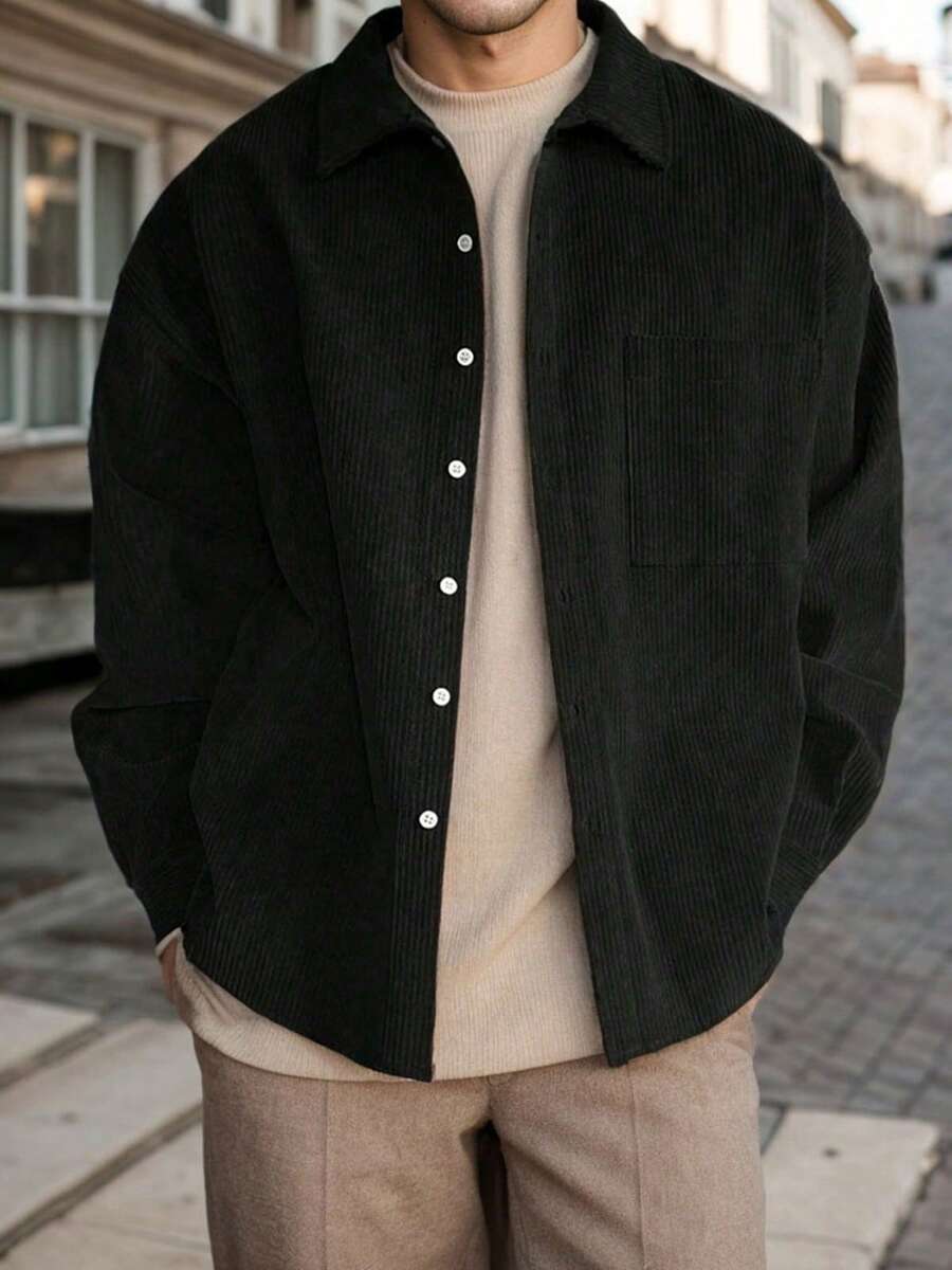 tooluck Men's Corduroy Pocket Drop Shoulder Long Sleeve Shirt - 黑色 - 查看 1