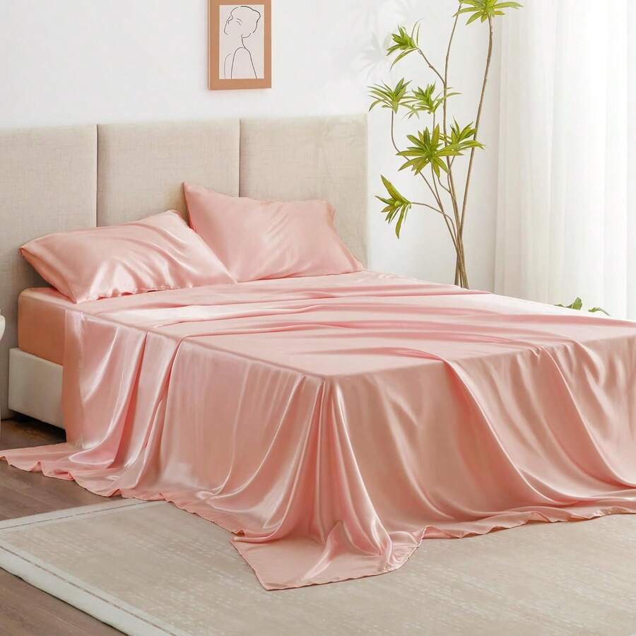 Full Size Satin Sheet Sets - 4 Piece Coral Silky Satin Sheet Set Full With Deep Pocket, Luxury Silk Feel Satin Bed Sheets Full Bedding Set (1 Flat Sheet,1 Fitted Sheet,2 Pillow Cases) - 綠色 - 查看 1