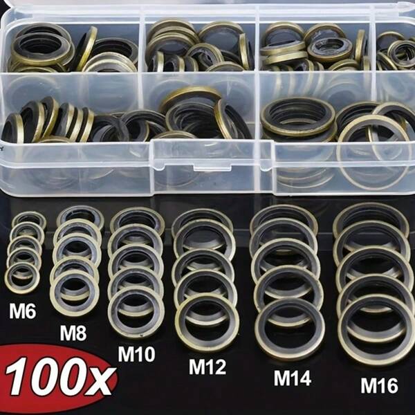 100 Stücke/Box Gummidichtungs-Set für Ölwannenstopfen bestehend aus Gummi Ablassschraube, austauschbarer Gummi-Dichtungsscheibe für Auto in den Größen M6 M8 M10 M12 M14 M16