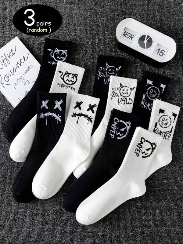 3 Pairs Fun Graphic Ghost Pattern Versatile Mid-Calf Socks, Random Color Delivery, All Season