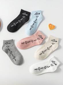 Set de 3/6/9 pares (surtidos al azar) de calcetines de media caña de colores caramelo con diseños de letras "AMOR" y corazón, calcetines de moda unisex para pareja/uso diario, disponibles en varios paquetes.