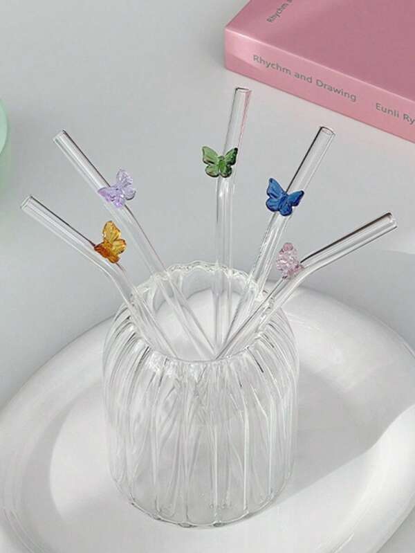 1 Stück/5 Stücke hitzebeständige Glasstrohhalme mit Schmetterling Dekoration, für Smoothies, Milch, Tee, Saft, Snackbars, Partygetränke, Cocktails, Milchshake Smoothies, Restaurants, Camping/Reisen/Sommer/Urlaub/Küche, Schulbedarf, Rückkehr zur Schule, Muttertagsgeschenk.
