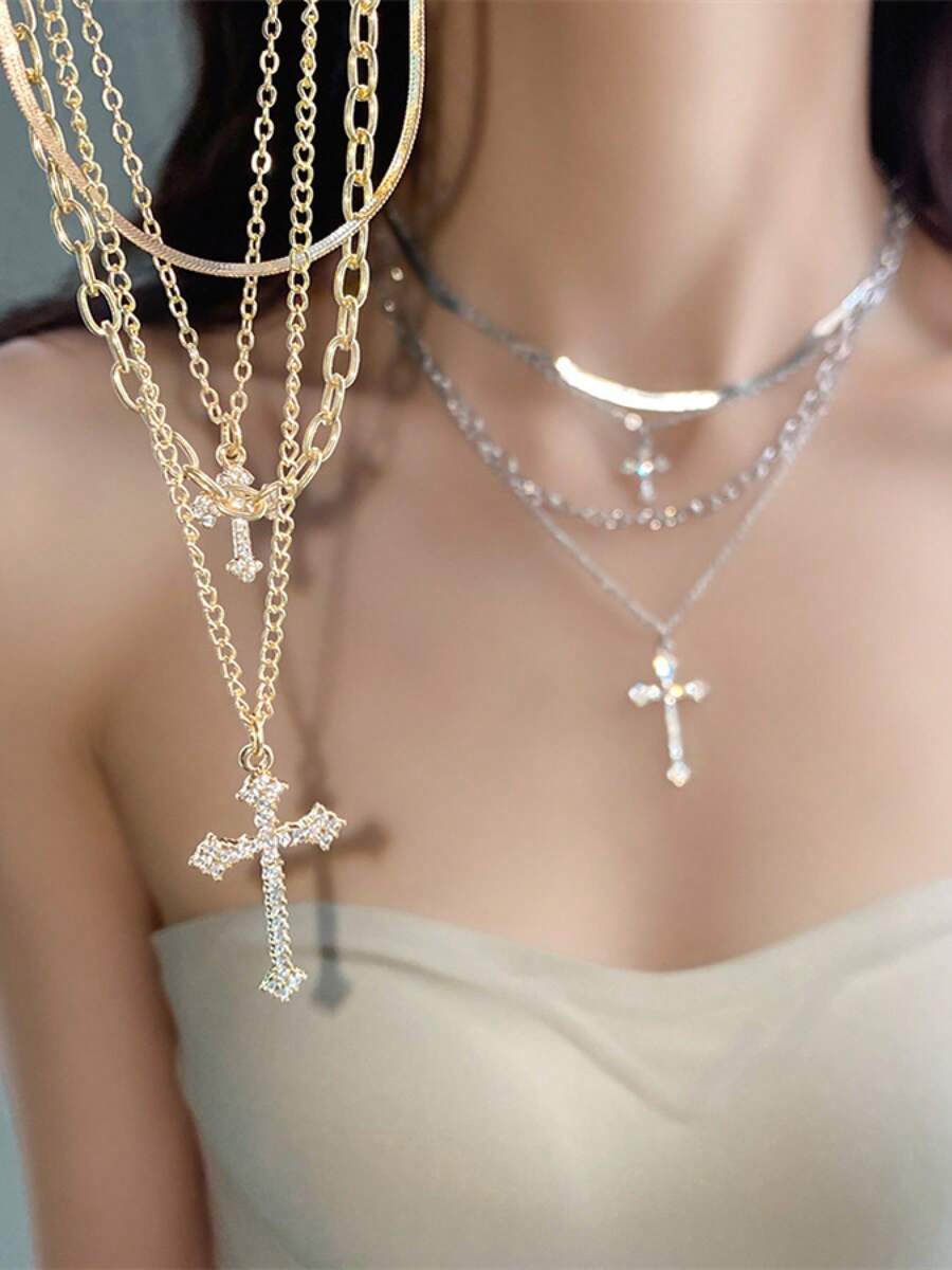 水钻十字架吊坠多层项链和百搭锁骨链首饰
